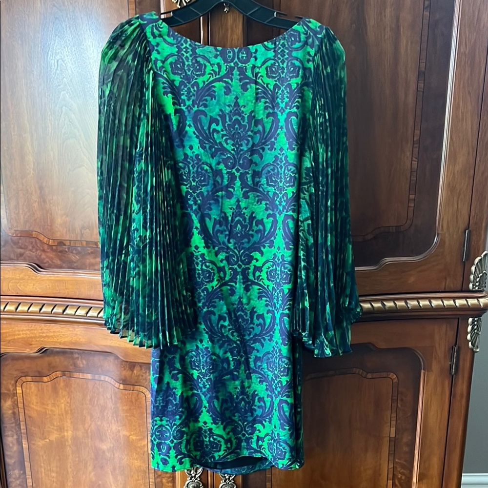 Alice + Olivia Green and Blue Pleated Sheath Dress